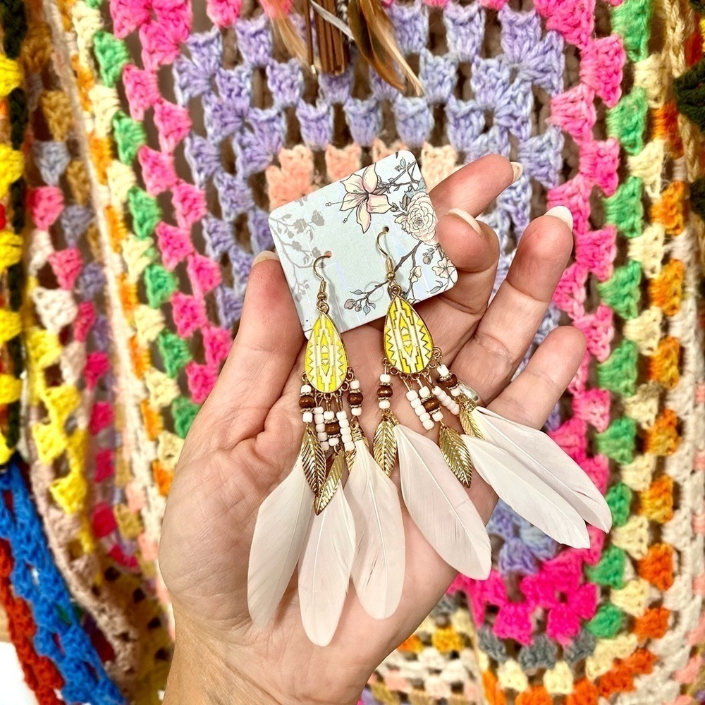 DREAMY white feather Boho statement earrings w Gypsy southwestern Navajo vibe